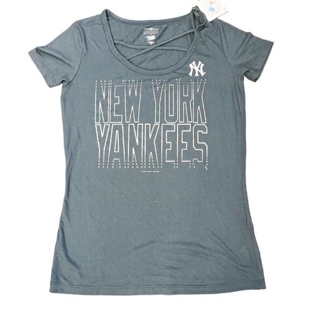 NY Yankees MLB Campus Lifestyle Womens Navy Blue Tee Shirt Sz XS Criss Cross